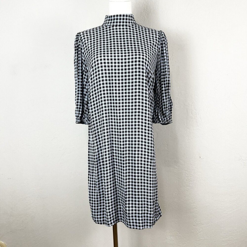 Ganni Gingham Check Printed Crepe Mockneck Half Sleeve Mini Dress Size 36